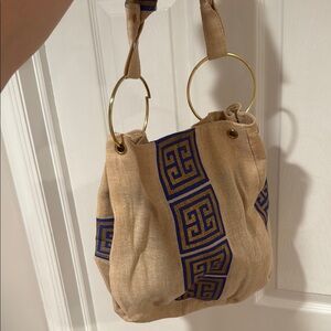Elegant Tan and Blue Designer Tote Bag